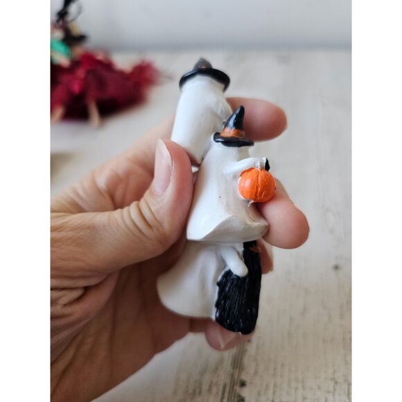 Ghost Witch figurine village Halloween decor broom pumpkins totem unique mini - Picture 5 of 8